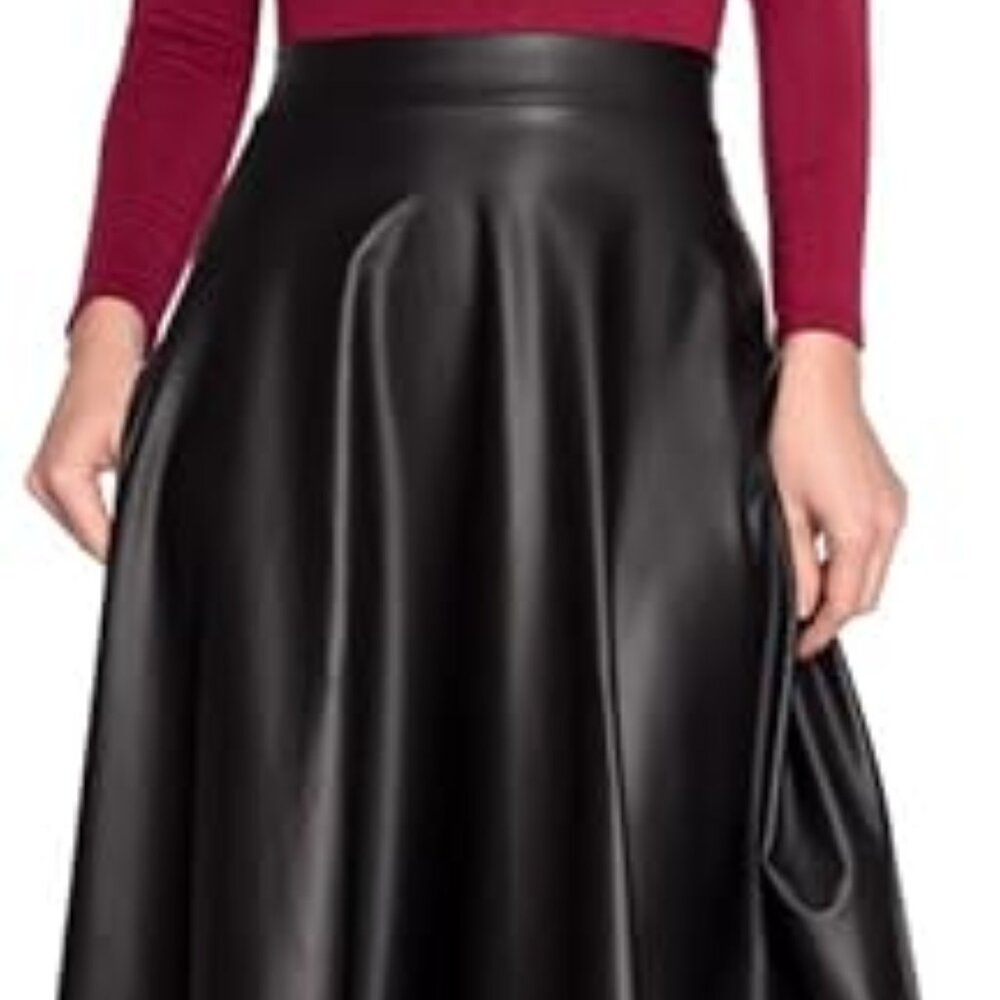 NEW! Black Faux leather pleated skirt knee length with pockets (M)